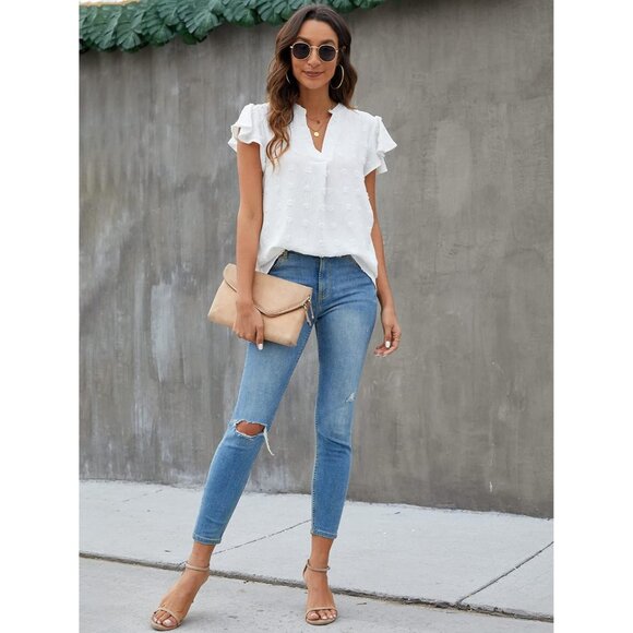 Women's White Blouse V Neck Ruffle Sleeve Flowy Shirts Dressy Casual - Picture 5 of 6